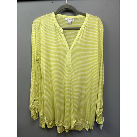 Liz Claiborne‎ Henley Shirt Womens Large Yellow Stripe Bright Lightweight Beac - Picture 1 of 9